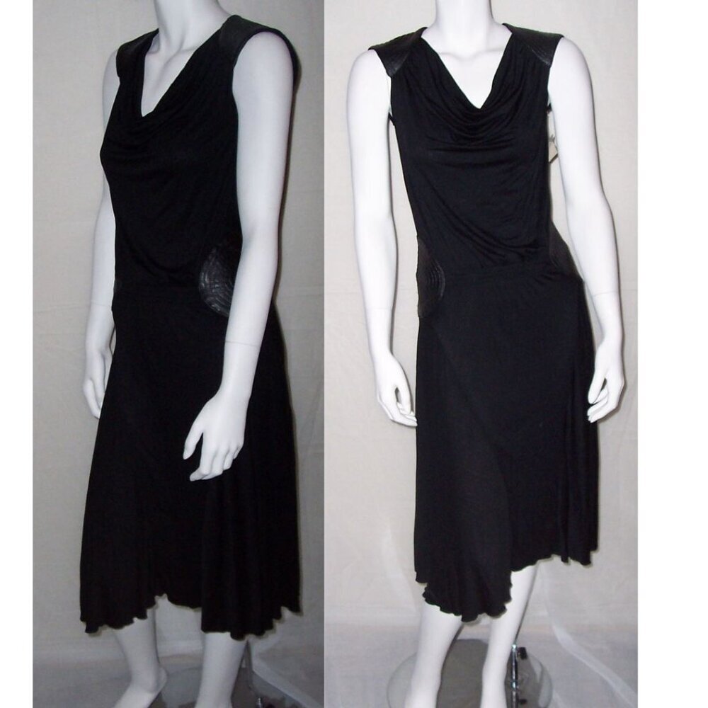 WOODLEY PARK LBD Black Draped Midi Faux Leather Dress